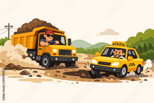 Flat vector illustration of a yellow dump truck driving on a muddy dirt road, kicking up dust and causing trouble for a taxi driver struggling with potholes and uneven terrain in a rural area.