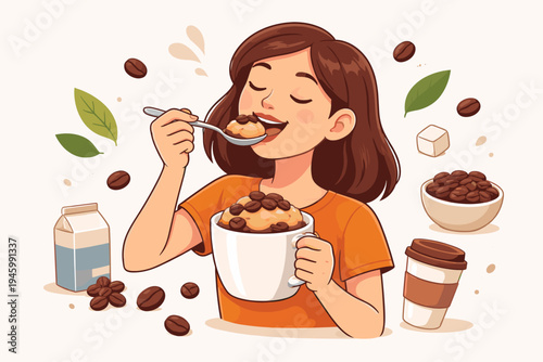 Young Woman Enjoying Coffee Flavored Dessert and Drink with Spoon, Flat Vector Illustration of Caffeine Lover with Coffee Beans, Milk, Sugar Cube, and Takeaway Cup on Light Background