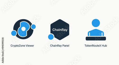 Cryptocurrency and blockchain technology icons: cryptozone viewer, chainray panel, tokenroutex hub interfaces for digital assets