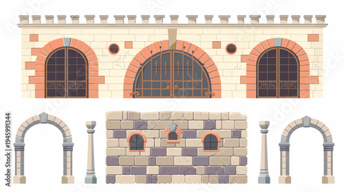 Castle facade and additional wall sections with arches and pillar illustration
