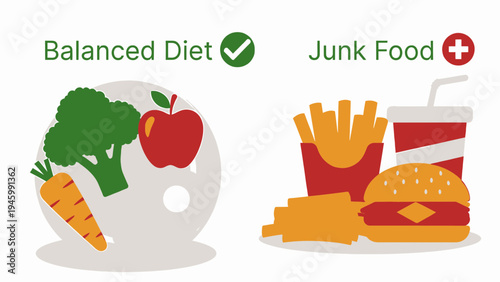 Balanced Diet vs Junk Food Comparison vector illustration