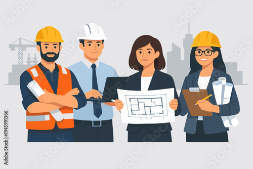 Diverse team of professional engineers, architects, and construction workers in hard hats holding blueprints and laptop. Industrial site management concept. Flat vector illustration design.