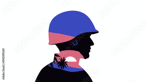 Soldier Profile Silhouette with Tropical Landscape Overlay vector illustration