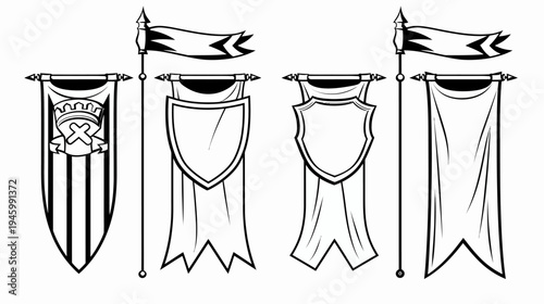 Four medieval banners with varied heraldry designs on poles, outlined in black and white