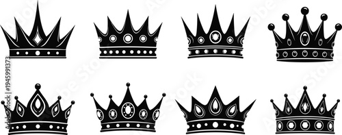 Collection, of, royal, crown, silhouettes, set, with, king, queen, and, princess, tiara, icons, black, vector, illustration, for, luxury, branding, design,