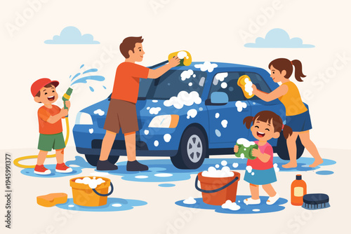 Happy Family Washing Blue Car Together with Soap and Water, Father Mother and Children Having Fun Cleaning Vehicle with Sponges Buckets and Hose, Flat Vector Illustration for Lifestyle Concept.