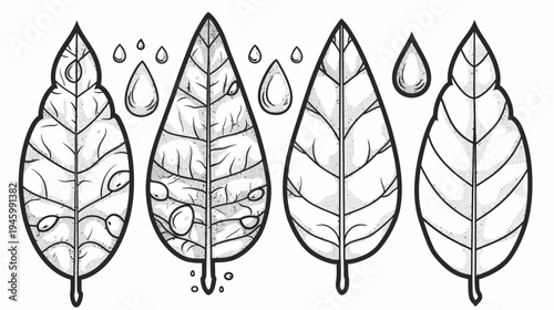 Stylized monochrome illustration of leaves with water droplets, showing different states