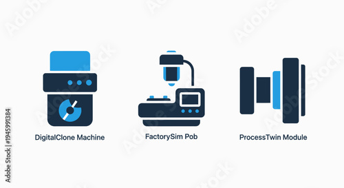 Industrial machine icons: digital control device, factory simulation module, and process twin interface for manufacturing