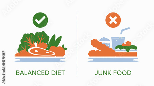 Balanced Diet vs Junk Food Comparison vector illustration
