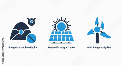 Renewable energy icons: energy marketplace engine, solar panel insight tracker, and wind turbine analyzer for sustainable power