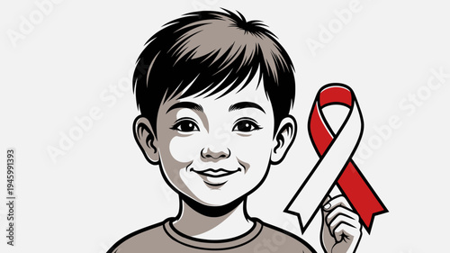 Young Boy Holds Red and White Awareness Ribbon vector illustration