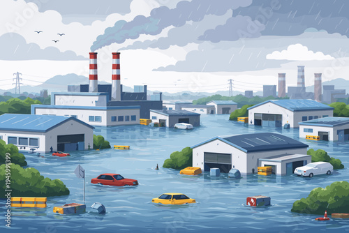 Flooded industrial estate with warehouses and factories submerged under water during heavy rain, climate change impact on urban infrastructure, flat vector illustration of environmental disaster.