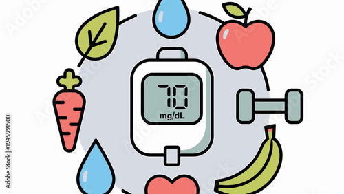 Diabetes Management - Healthy Lifestyle Glucose Meter Diet Exercise vector illustration