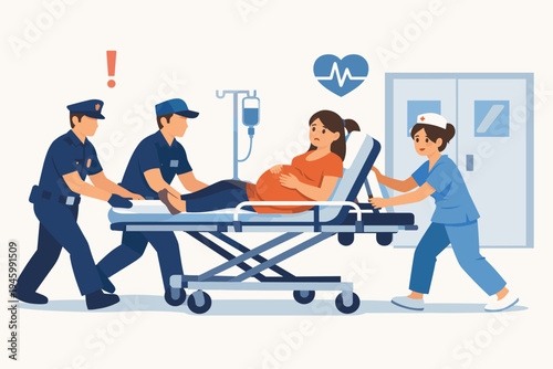 Pregnant Woman on Stretcher Being Rushed to Emergency Room by Police Officers and Nurse, Medical Emergency Scene with First Responders and Healthcare Staff, Simple Flat Vector Illustration Design