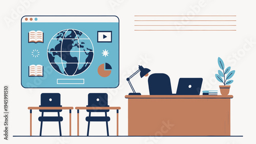 Digital Classroom Globe Laptops and Online Learning Interface vector illustration
