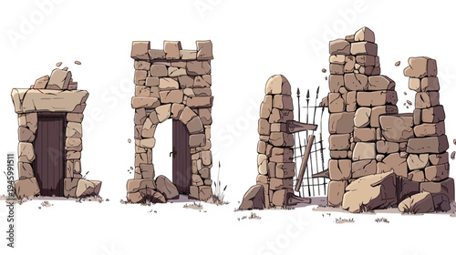 Ruined stone structures a doorway, a tower, gated ruin, and more crumbling stone walls