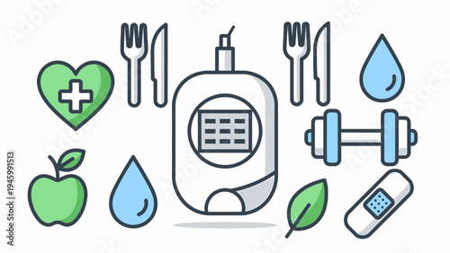 Diabetes Management Icons Health Diet Exercise and Blood Sugar Monitoring vector illustration