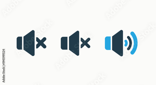 Sound icons: mute, muted speaker, and volume control for audio settings and user interface, user experience, UI design, white background