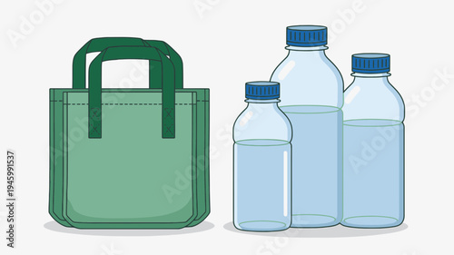 Reusable Shopping Bag Next To Plastic Water Bottles vector illustration