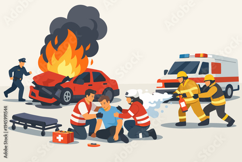Emergency rescue team responding to a burning car crash accident. Firefighters extinguishing flames, paramedics helping injured victim, police officer arriving, ambulance on site. Flat vector.