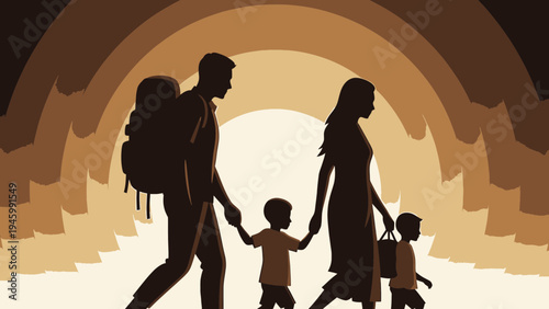 Family Traveling Together at Sunset vector illustration