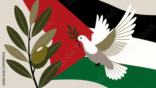 Dove Of Peace Carrying Olive Branch Over Palestine Flag vector illustration