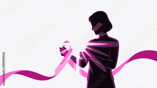 Woman Holding Pink Ribbon For Breast Cancer Awareness vector illustration