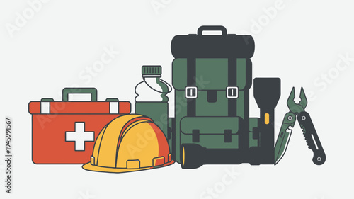 Emergency Preparedness Kit With Survival Gear and First Aid Supplies vector illustration