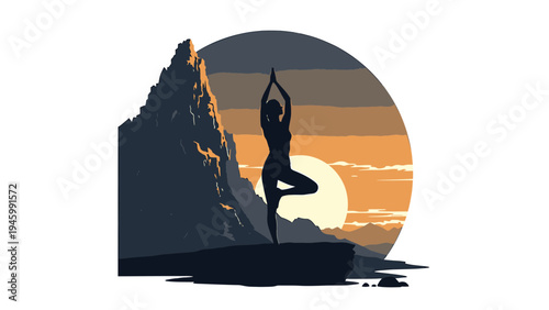 Silhouette Of A Woman Doing Yoga In Tree Pose At Sunrise vector illustration