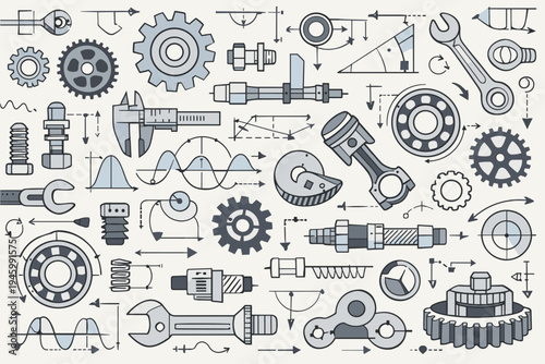 Seamless Pattern of Mechanical Engineering Parts and Technical Drawings Featuring Gears, Wrenches, Bolts, Bearings, Pistons, and Calipers for Industrial Design and Machinery Concepts Illustration