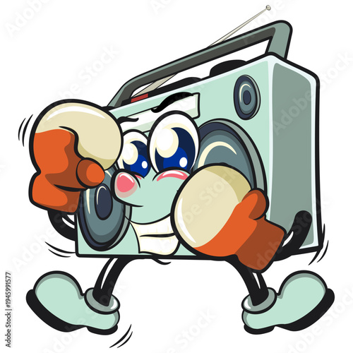 cute retro boombox radio mascot character practicing boxing wearing boxing glove, isolated vector illustration, work of hand drawn