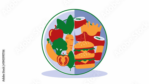 Healthy vs Unhealthy Food Choices on a Plate vector illustration