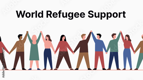 World Refugee Support Diverse People Holding Hands in Unity vector illustration