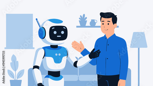 Man Interacting With A Friendly Robot In A Modern Living Room vector illustration