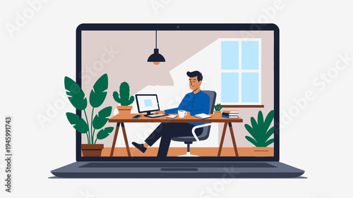 Man Working On Laptop In Home Office vector illustration
