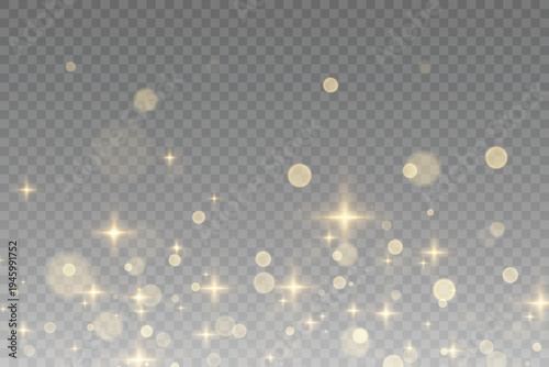 The dust sparks and golden stars shine with special light. Vector sparkles on a transparent background.