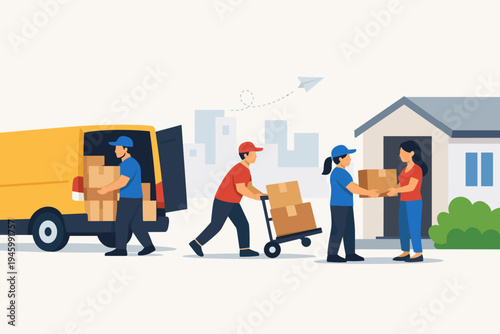 Delivery Service Concept with Professional Couriers Unloading Cardboard Boxes from a Yellow Van and Delivering Packages to a Customer at Home, Flat Vector Illustration of Logistics and Shipping