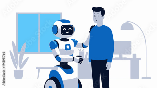 Human And Robot Friendly Interaction vector illustration
