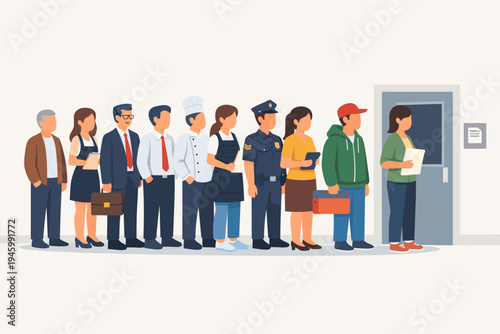 Diverse Group of People from Different Occupations and Professions Standing in a Long Line to Claim Unemployment Benefits, Job Seekers Waiting for Interview, Economic Crisis Vector Illustration