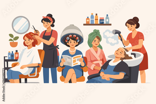 Flat Vector Illustration of a Busy Hair Salon with Women Getting Haircuts, Washing Hair, and Using a Hood Dryer. Professional Stylists Working on Customers in a Modern Beauty Parlor Scene.