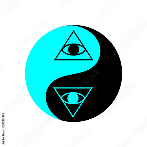 Symbol of duality with triangles and eyes placed in a yin-yang format on a flat surface with blue and black colors