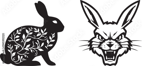 Two contrasting rabbit illustrations: one with natural floral patterns and another with an aggressive, menacing expression.