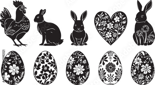 A collection of black and white silhouette illustrations of easter-themed motifs including rabbits, a rooster, and decorative eggs.