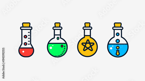 Four colorful science flasks in a row. Each has different shapes and fillings
