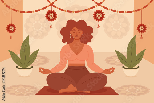 Plus size woman meditating in decorated room flat vector illustration.