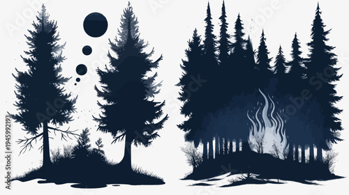 Silhouettes of towering evergreen trees, with abstract circles, and a campfire