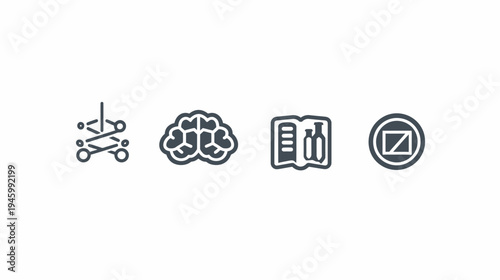 Four icons an abstract network, a brain, an open book with bottles, and a circular symbol