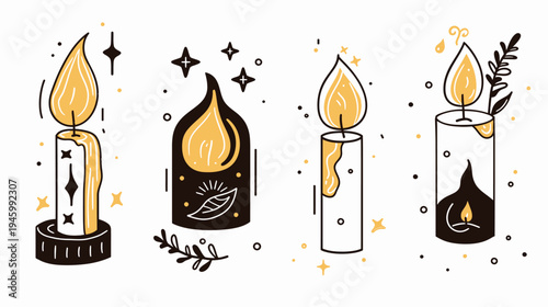 Illustration of four burning candles with decorations in doodle style with a white backdrop