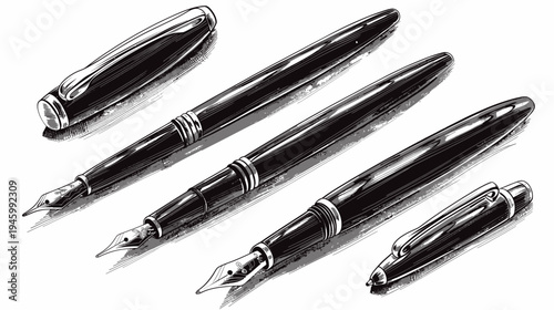 Stylized illustration of multiple fountain pens, showcasing various angles and open/closed caps