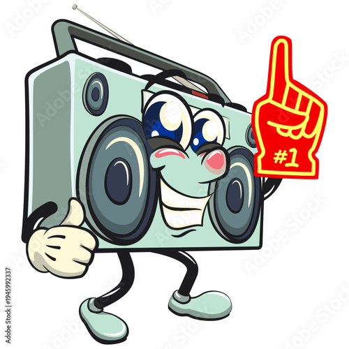 cute retro boombox radio mascot character raise foam finger, isolated vector illustration, work of hand drawn